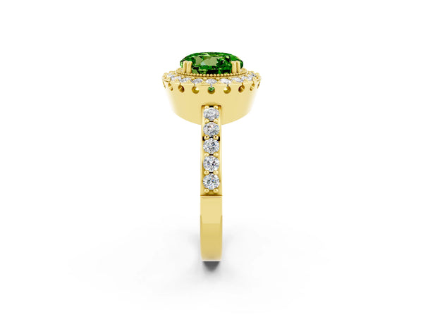 Yellow gold Round Cut Peridot Halo Ring with Pavé Band and Prong Setting