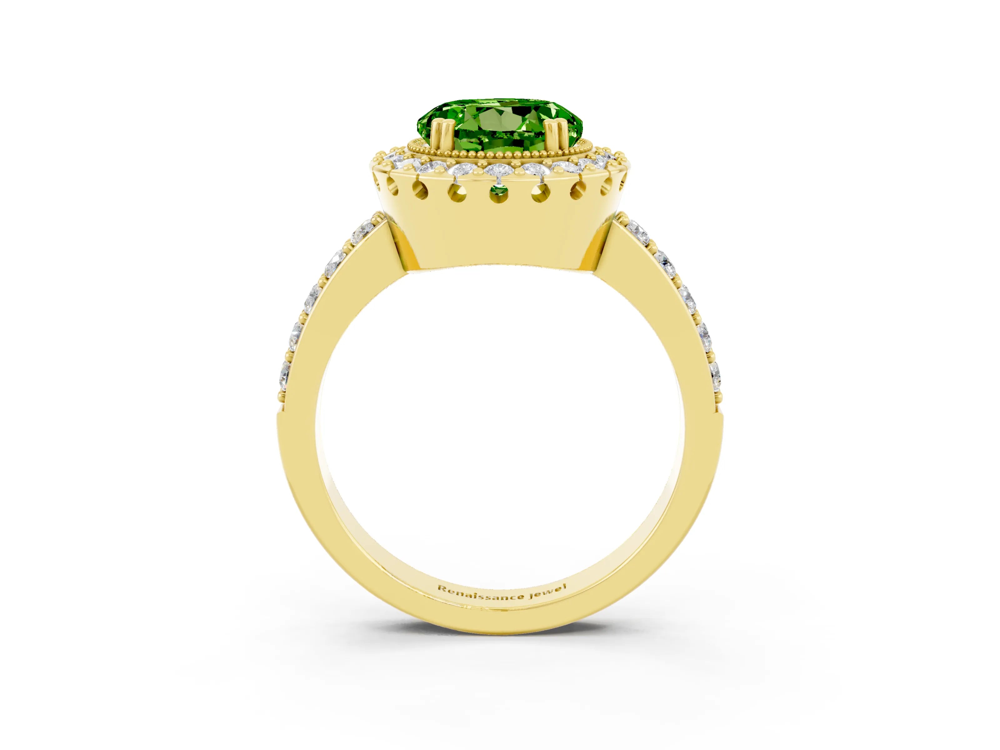 Yellow gold Round Cut Peridot Halo Ring with Pavé Band and Prong Setting_3