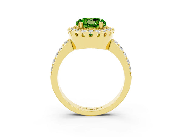 Yellow gold Round Cut Peridot Halo Ring with Pavé Band and Prong Setting
