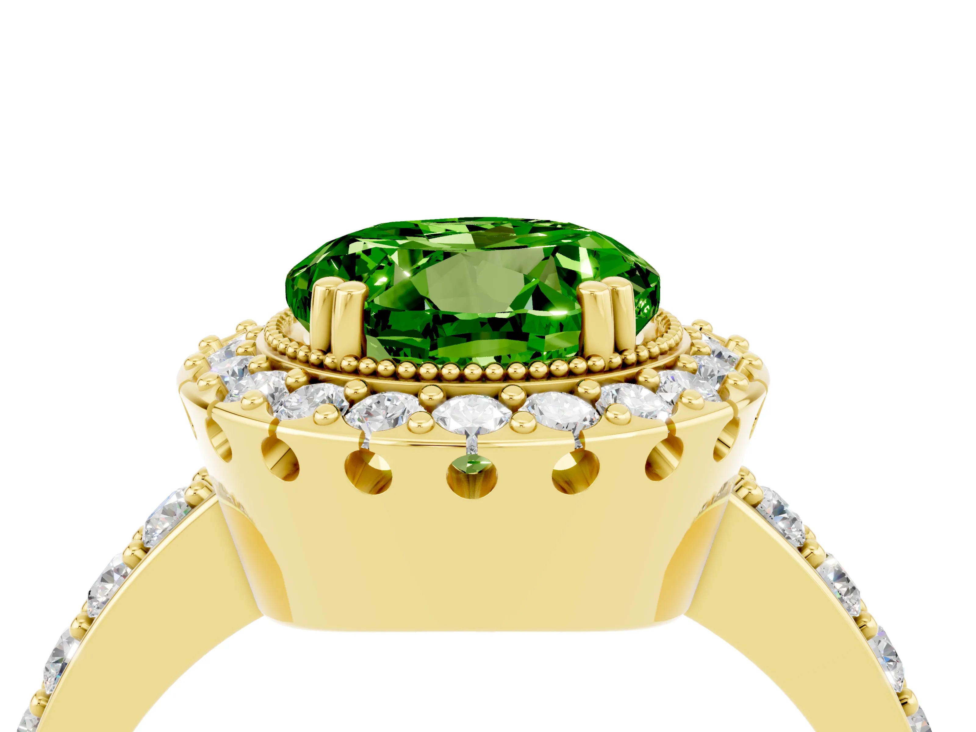Yellow gold Round Cut Peridot Halo Ring with Pavé Band and Prong Setting_4