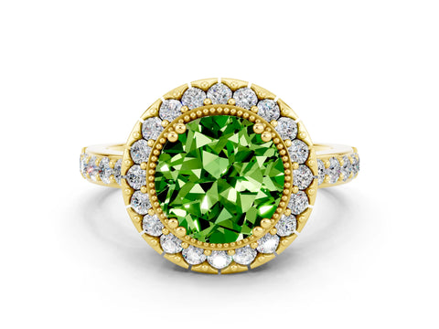 Yellow gold Round Cut Peridot Halo Ring with Pavé Band and Prong Setting