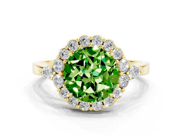 Yellow gold Round Cut Peridot Halo Ring with Pear Side Stones and Prong Setting