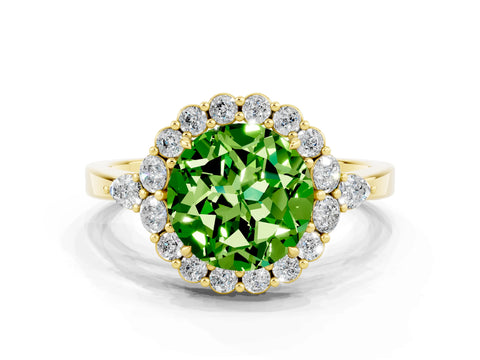 Yellow gold Round Cut Peridot Halo Ring with Pear Side Stones and Prong Setting_12