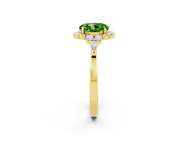 Yellow gold Round Cut Peridot Halo Ring with Pear Side Stones and Prong Setting