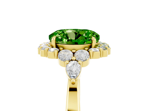 Yellow gold Round Cut Peridot Halo Ring with Pear Side Stones and Prong Setting_17