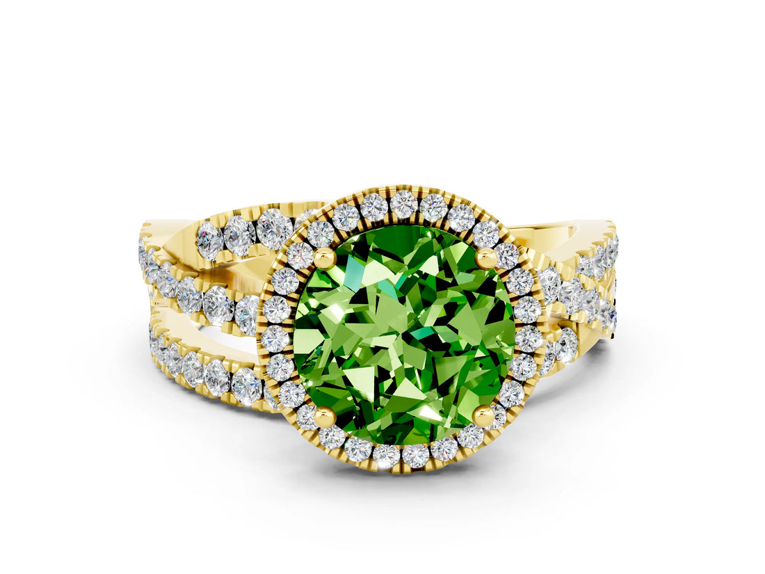 Yellow gold Round Cut Peridot Halo Ring with Round Split Shank and Prong Setting_48