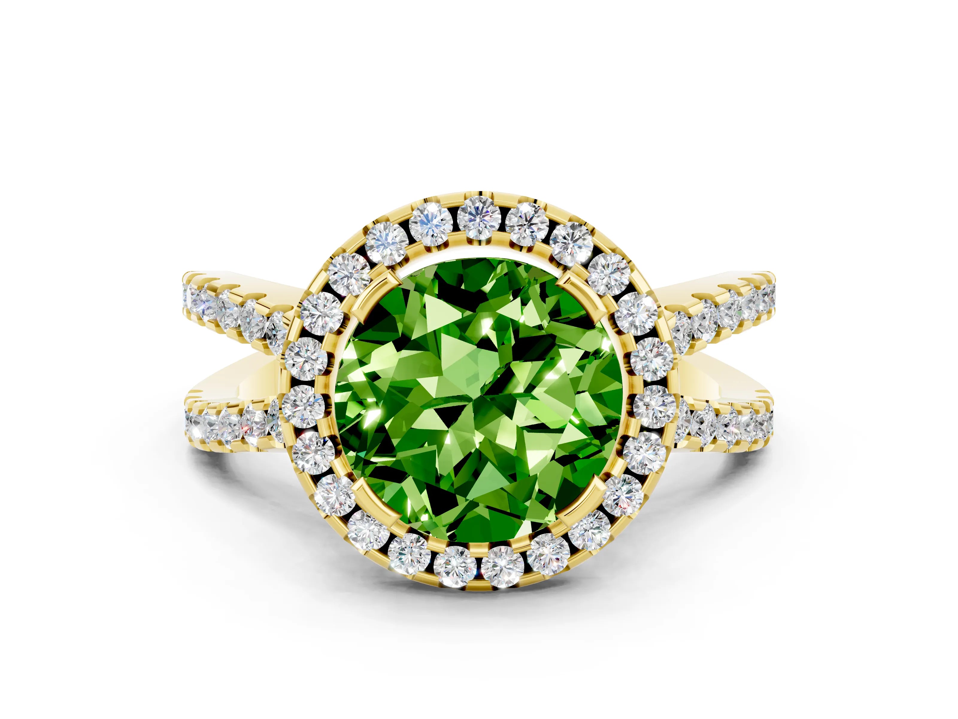 Yellow gold Round Cut Peridot Halo Ring with Split Shank Pavé Band and Prong Setting