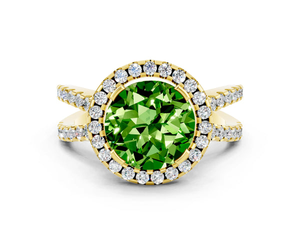 Yellow gold Round Cut Peridot Halo Ring with Split Shank Pavé Band and Prong Setting