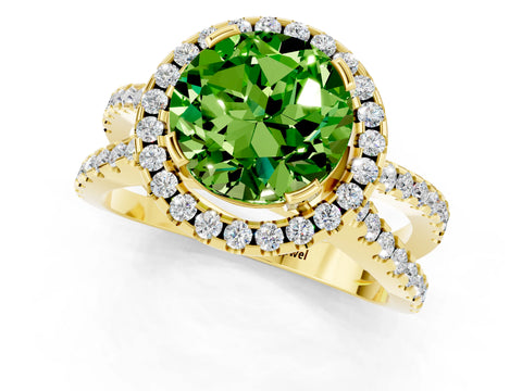 Yellow gold Round Cut Peridot Halo Ring with Split Shank Pavé Band and Prong Setting_1