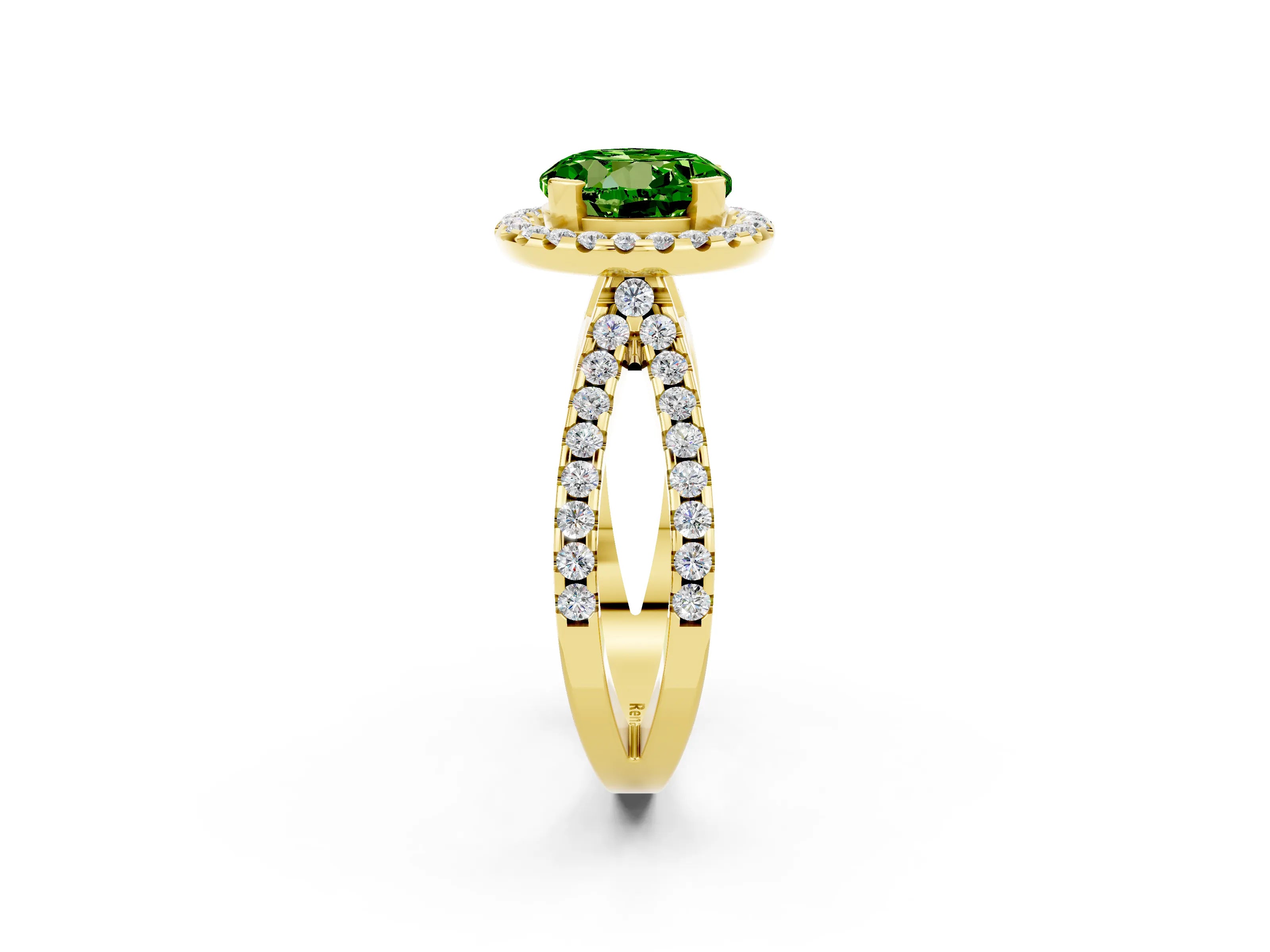 Yellow gold Round Cut Peridot Halo Ring with Split Shank Pavé Band and Prong Setting_2