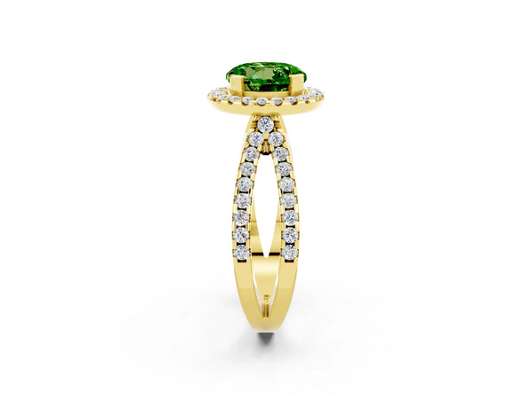 Yellow gold Round Cut Peridot Halo Ring with Split Shank Pavé Band and Prong Setting