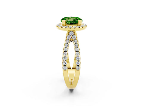 Yellow gold Round Cut Peridot Halo Ring with Split Shank Pavé Band and Prong Setting_2