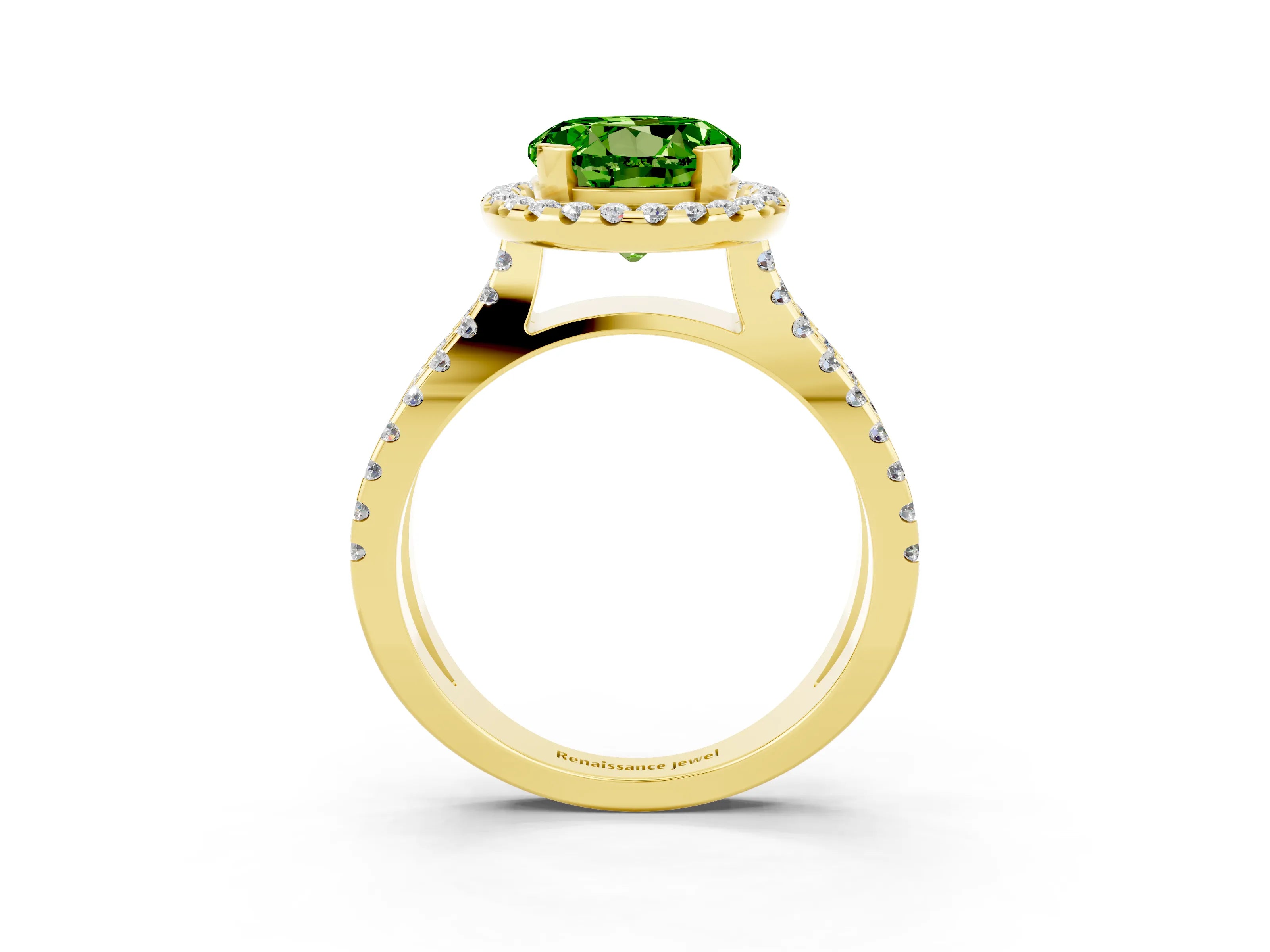 Yellow gold Round Cut Peridot Halo Ring with Split Shank Pavé Band and Prong Setting_3