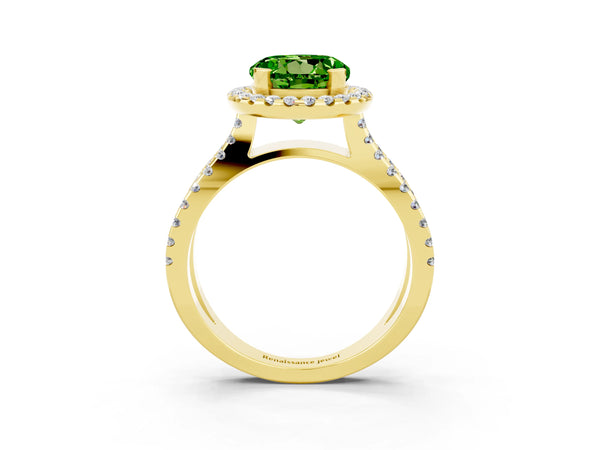 Yellow gold Round Cut Peridot Halo Ring with Split Shank Pavé Band and Prong Setting
