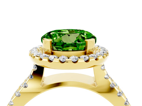 Yellow gold Round Cut Peridot Halo Ring with Split Shank Pavé Band and Prong Setting_4
