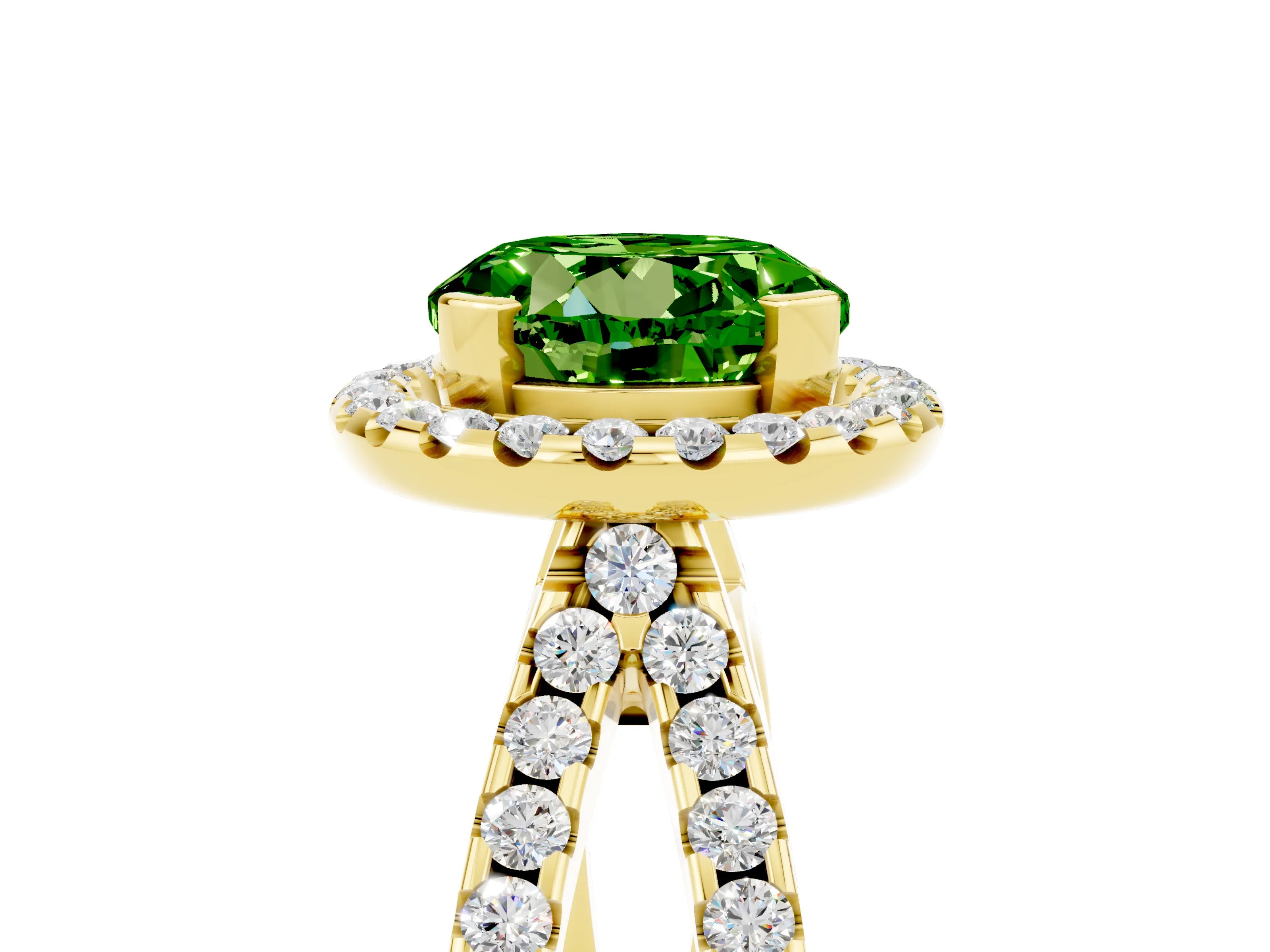 Yellow gold Round Cut Peridot Halo Ring with Split Shank Pavé Band and Prong Setting_5