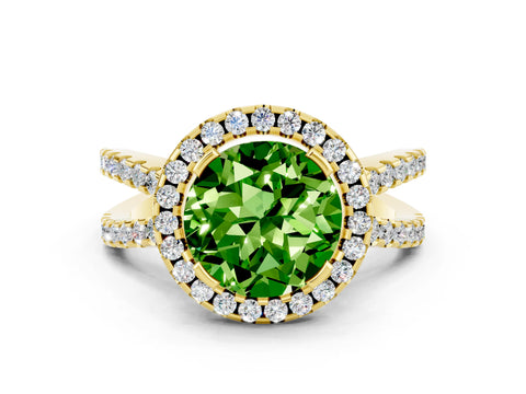 Yellow gold Round Cut Peridot Halo Ring with Split Shank Pavé Band and Prong Setting