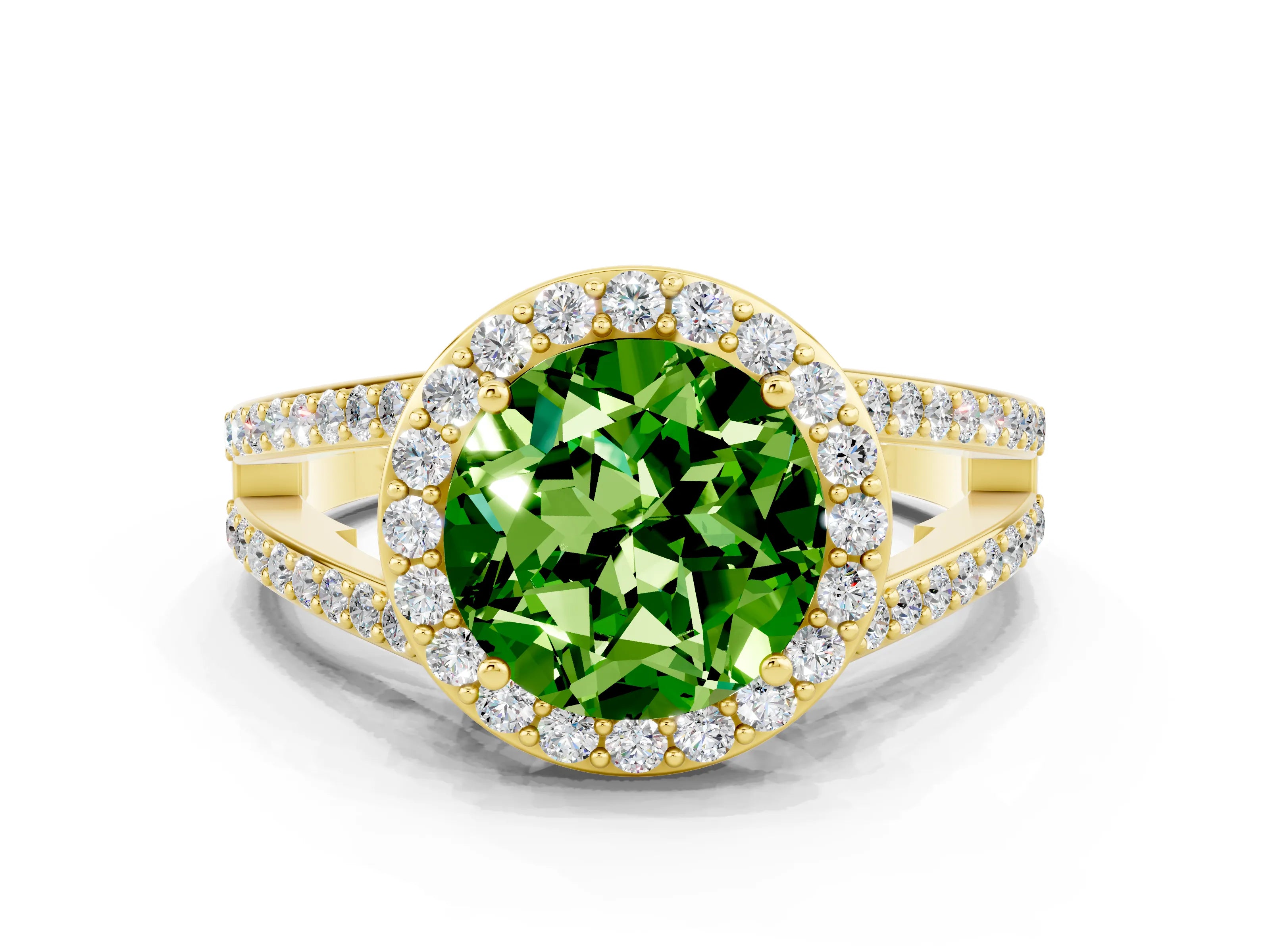 Yellow gold Round Cut Peridot Halo Ring with Split Shank U-Prong Band and Four-Prong Setting