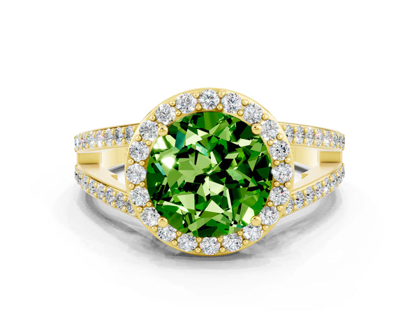 Yellow gold Round Cut Peridot Halo Ring with Split Shank U-Prong Band and Four-Prong Setting