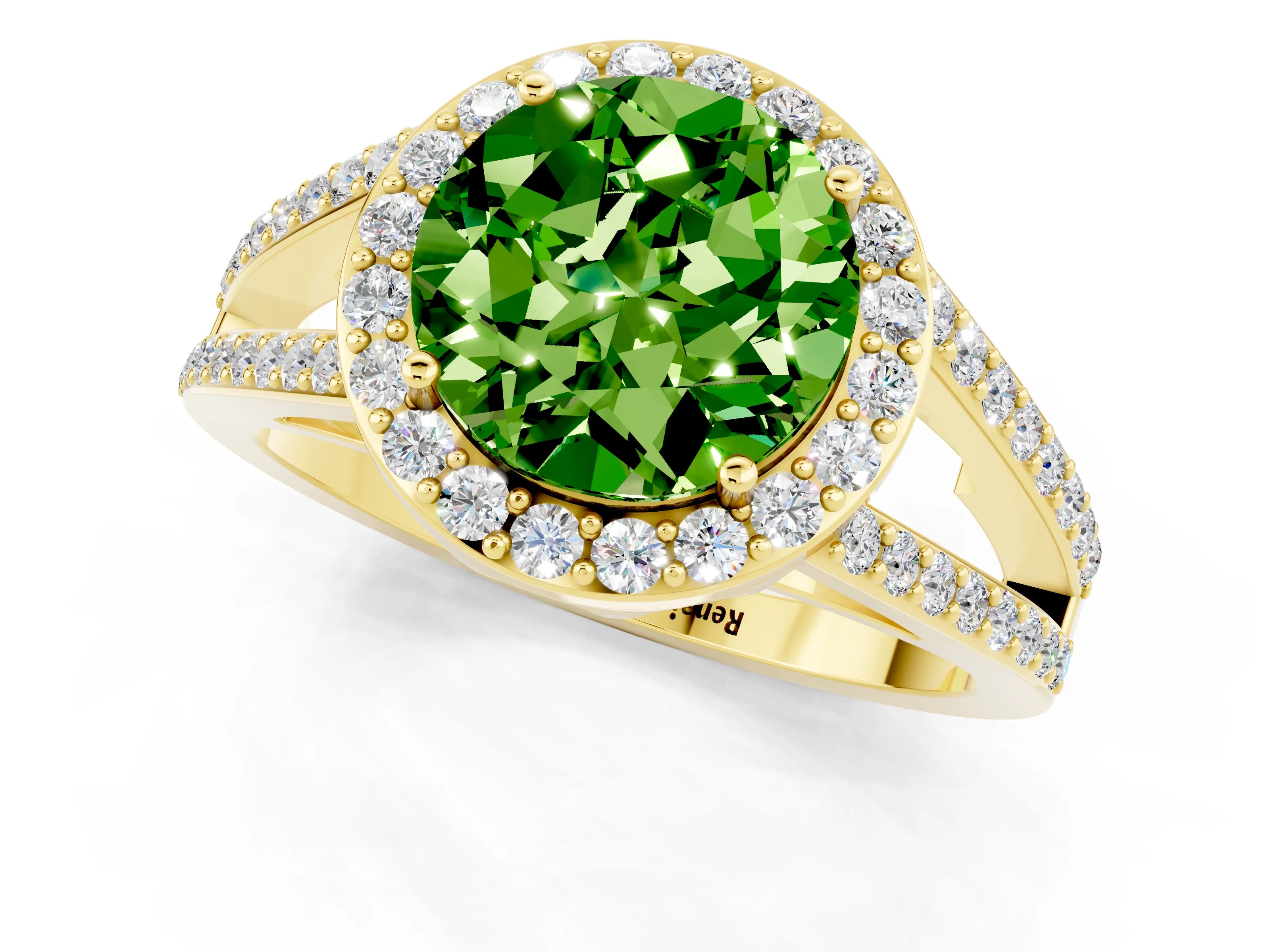 Yellow gold Round Cut Peridot Halo Ring with Split Shank U-Prong Band and Four-Prong Setting_1
