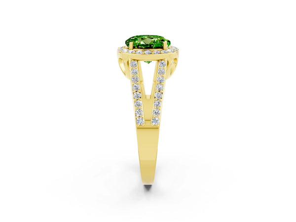 Yellow gold Round Cut Peridot Halo Ring with Split Shank U-Prong Band and Four-Prong Setting