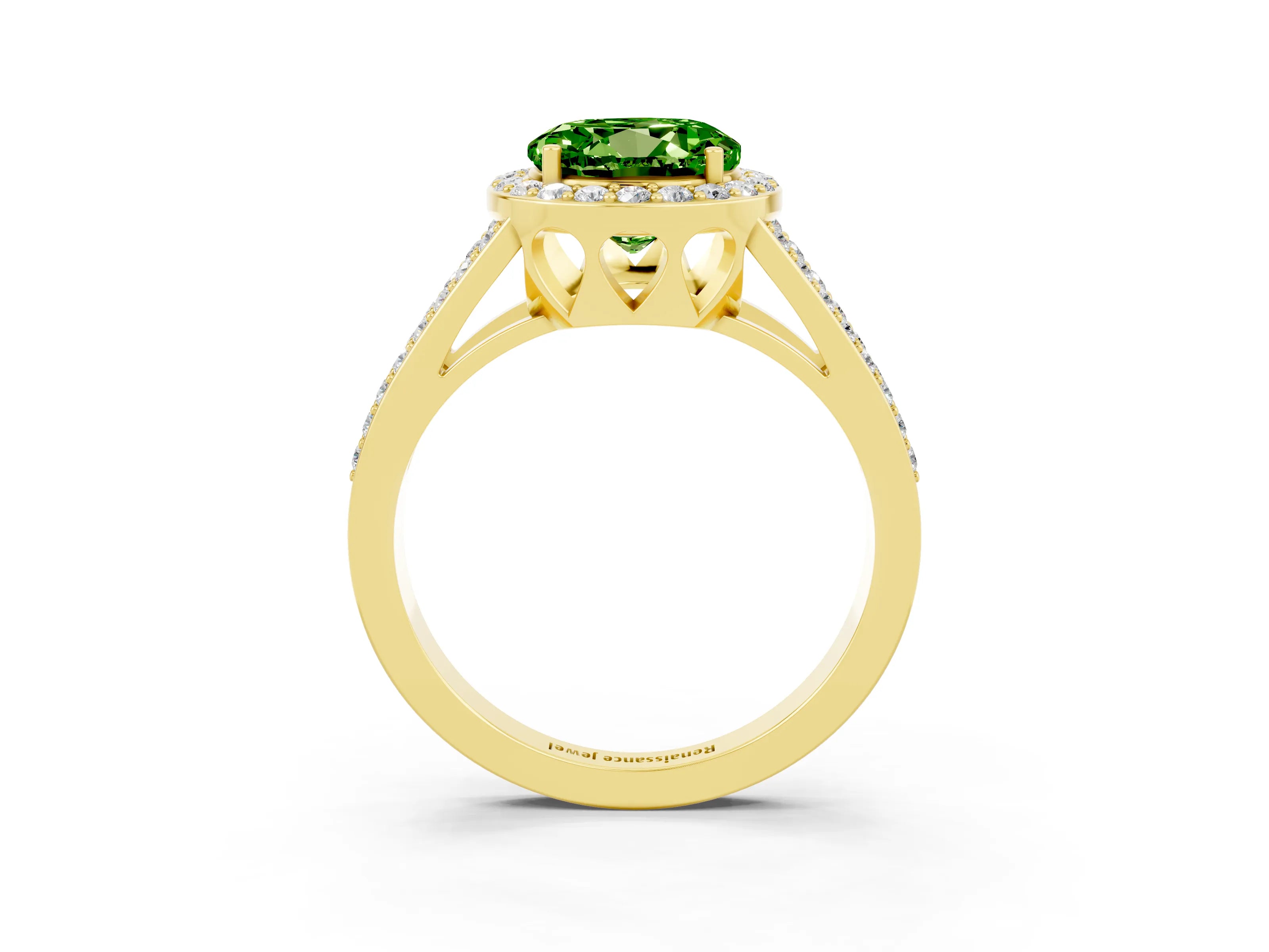 Yellow gold Round Cut Peridot Halo Ring with Split Shank U-Prong Band and Four-Prong Setting_3