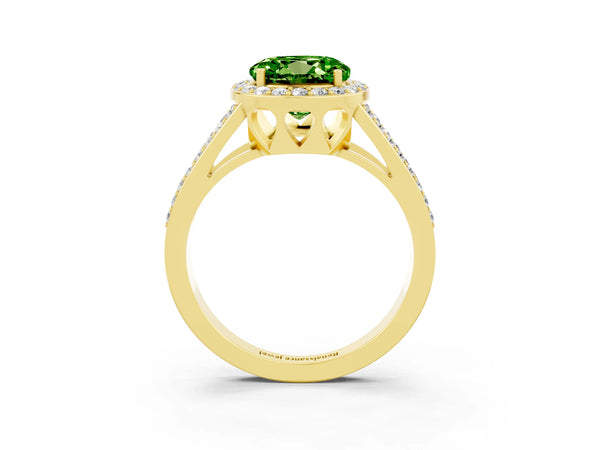 Yellow gold Round Cut Peridot Halo Ring with Split Shank U-Prong Band and Four-Prong Setting