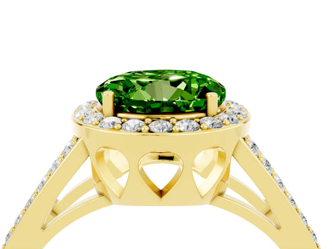 Yellow gold Round Cut Peridot Halo Ring with Split Shank U-Prong Band and Four-Prong Setting_4