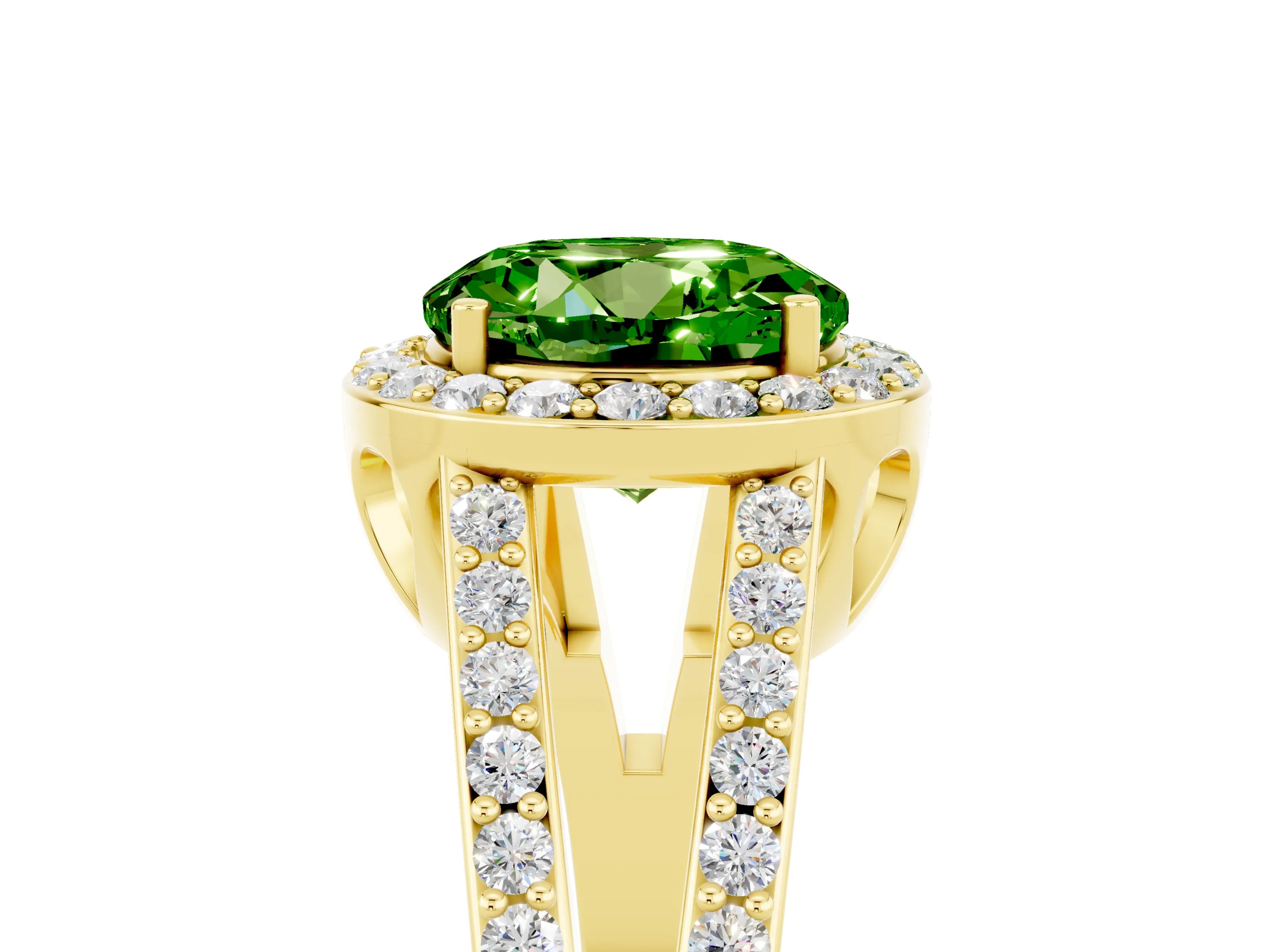 Yellow gold Round Cut Peridot Halo Ring with Split Shank U-Prong Band and Four-Prong Setting_5