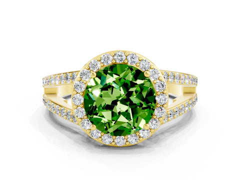 Yellow gold Round Cut Peridot Halo Ring with Split Shank U-Prong Band and Four-Prong Setting