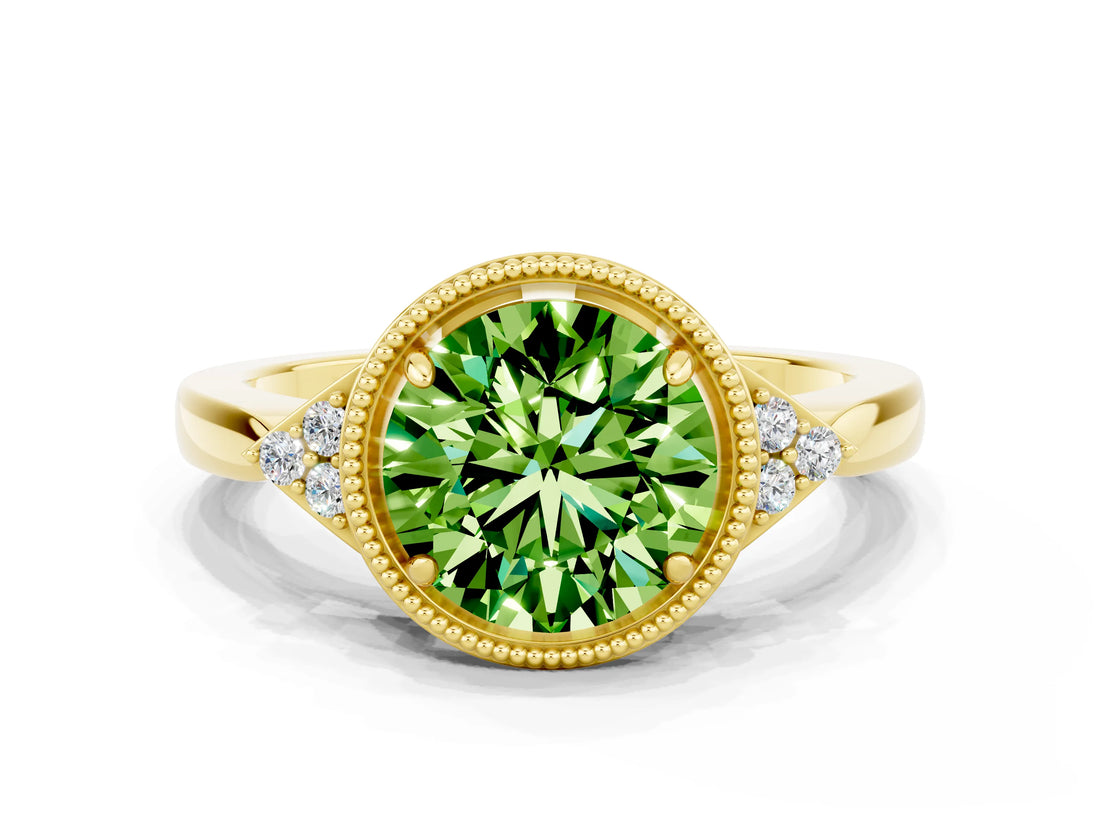 Yellow gold Round Cut Peridot Halo Ring with Tapered Band and Four-Prong Setting