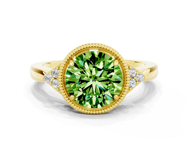 Yellow gold Round Cut Peridot Halo Ring with Tapered Band and Four-Prong Setting