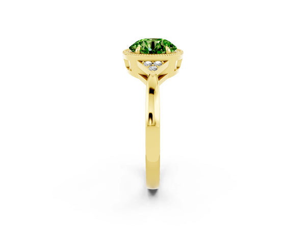 Yellow gold Round Cut Peridot Halo Ring with Tapered Band and Four-Prong Setting