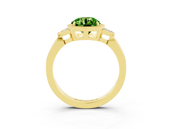 Yellow gold Round Cut Peridot Halo Ring with Tapered Band and Four-Prong Setting