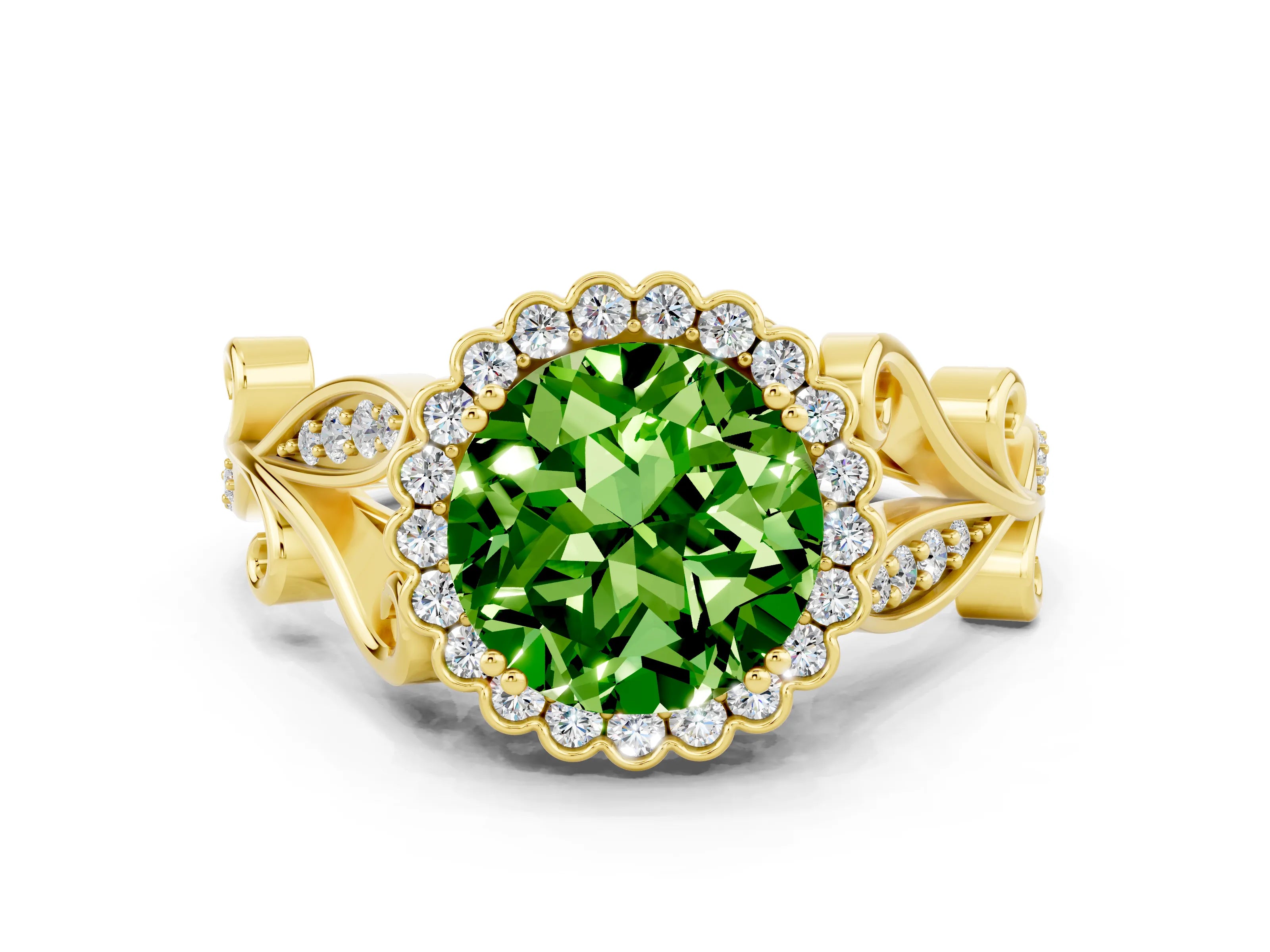 Yellow gold Round Cut Peridot Halo Ring with Vintage Split Shank and Four-Prong Setting_19