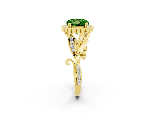 Yellow gold Round Cut Peridot Halo Ring with Vintage Split Shank and Four-Prong Setting