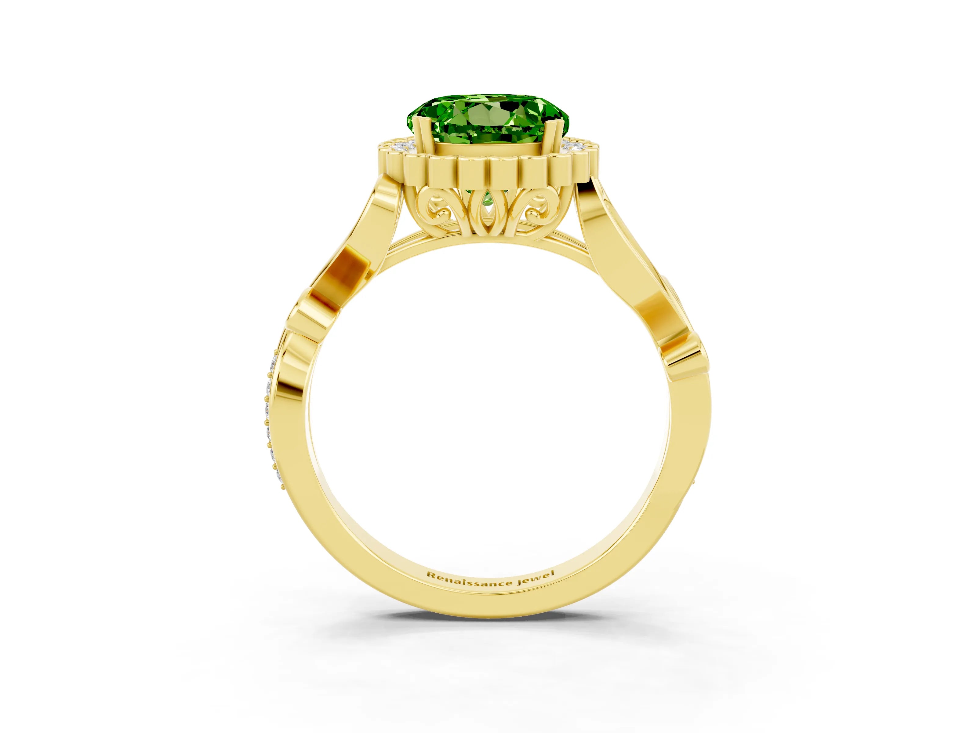 Yellow gold Round Cut Peridot Halo Ring with Vintage Split Shank and Four-Prong Setting_22