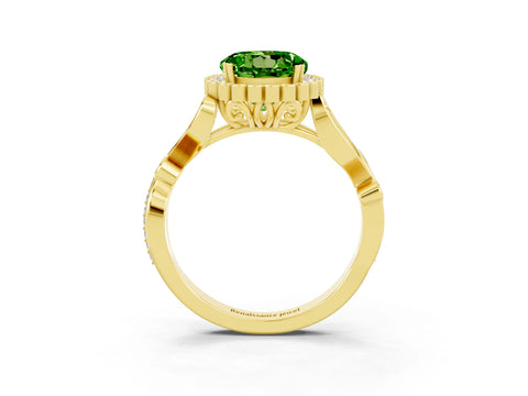 Yellow gold Round Cut Peridot Halo Ring with Vintage Split Shank and Four-Prong Setting_22