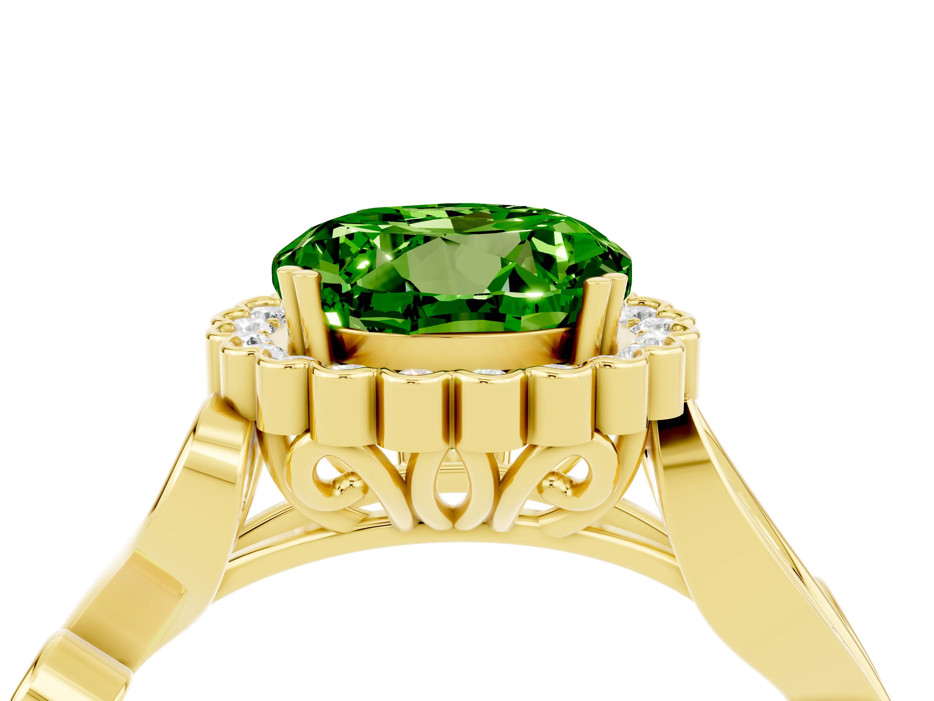 Yellow gold Round Cut Peridot Halo Ring with Vintage Split Shank and Four-Prong Setting_23