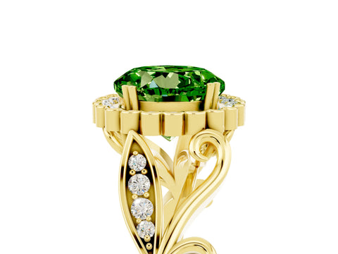 Yellow gold Round Cut Peridot Halo Ring with Vintage Split Shank and Four-Prong Setting_24