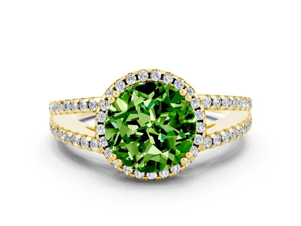 Yellow gold Round Cut Peridot Halo Split Shank Engagement Ring