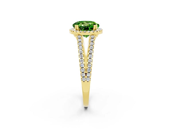 Yellow gold Round Cut Peridot Halo Split Shank Engagement Ring