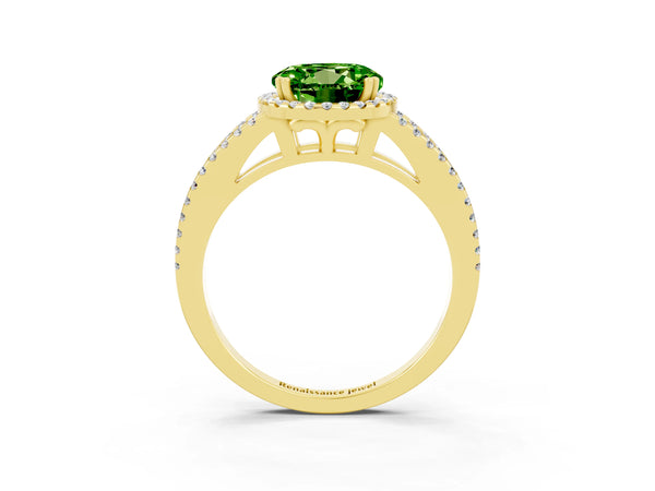 Yellow gold Round Cut Peridot Halo Split Shank Engagement Ring