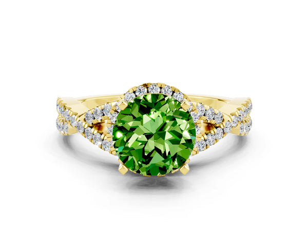 Yellow gold Round Cut Peridot  Halo Twist Band Solitaire Prong Setting Ring