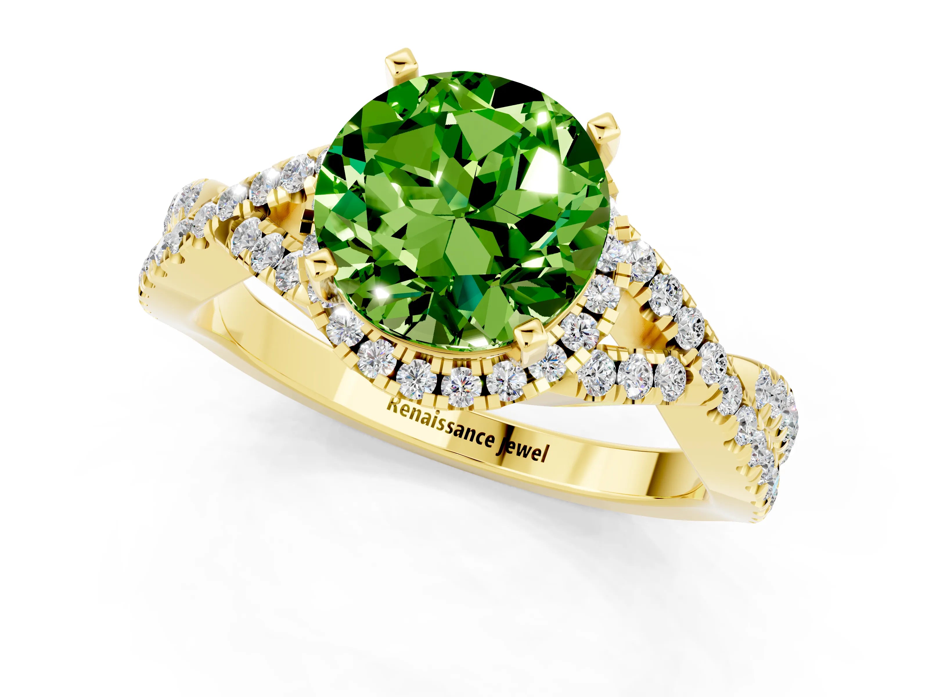 Yellow gold Round Cut Peridot Halo Twist Band Solitaire Prong Setting Ring_1