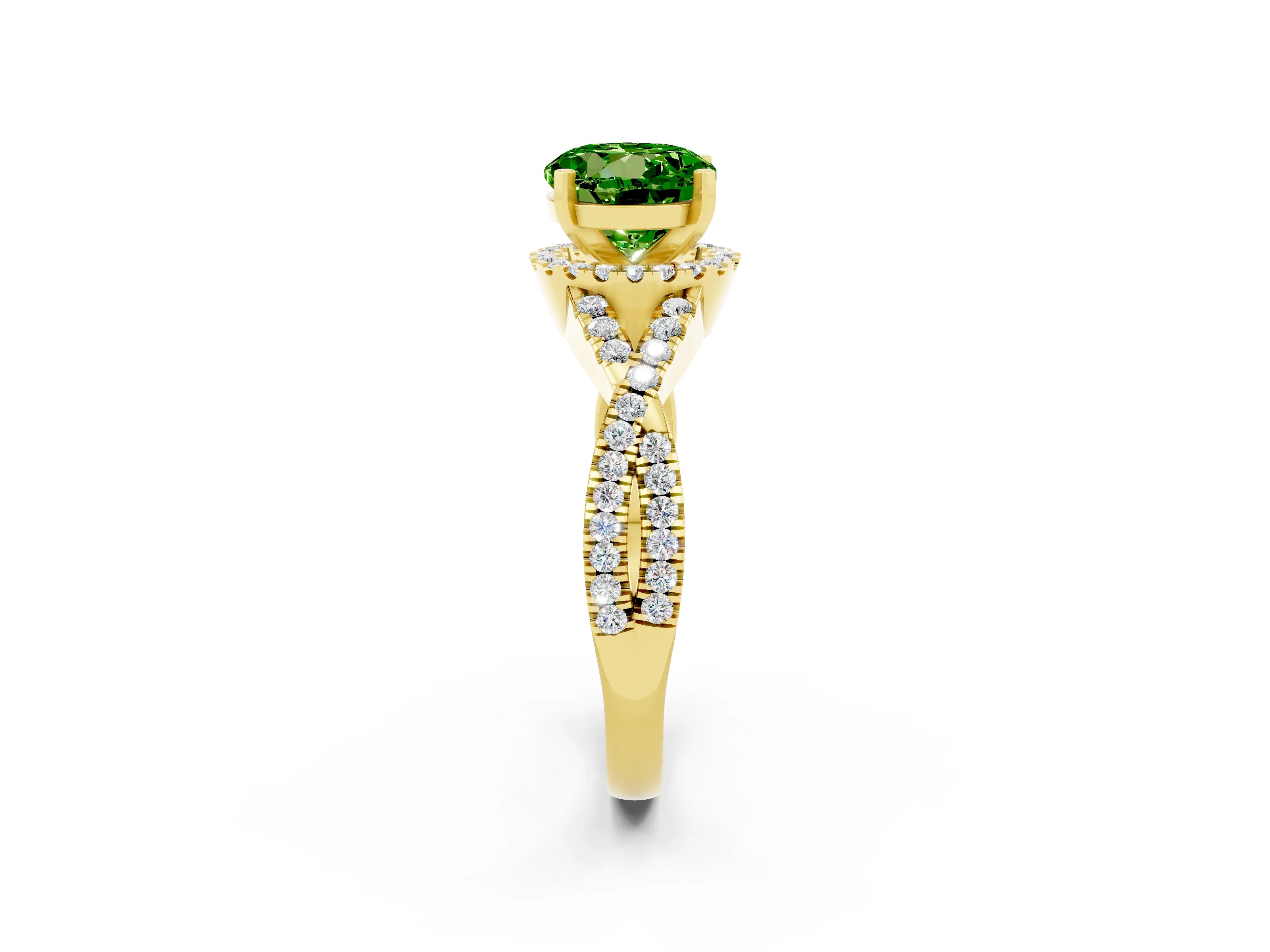 Yellow gold Round Cut Peridot Halo Twist Band Solitaire Prong Setting Ring_2
