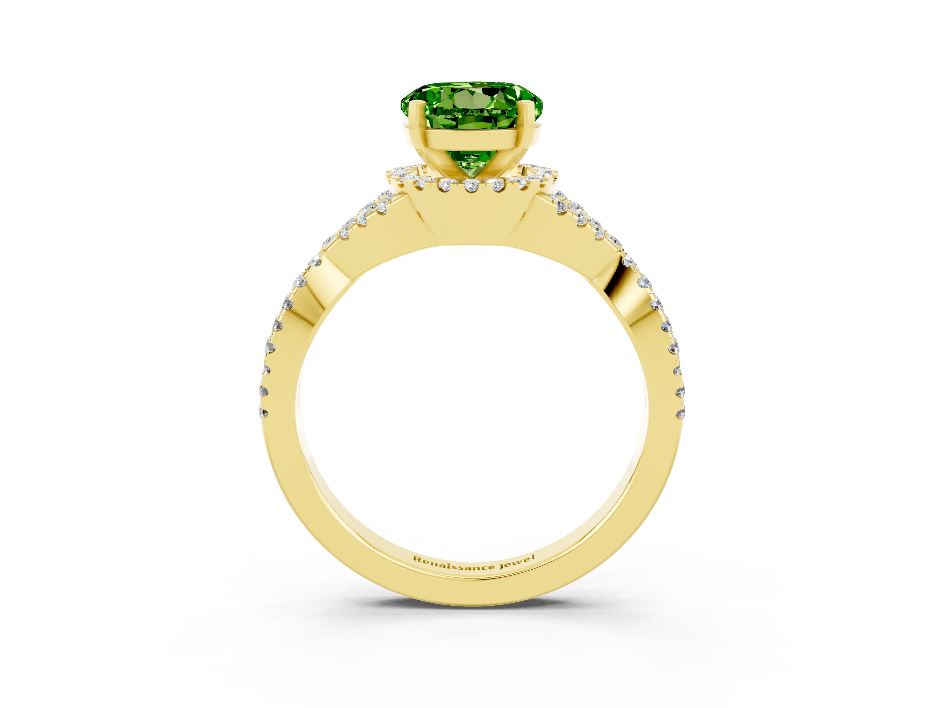 Yellow gold Round Cut Peridot Halo Twist Band Solitaire Prong Setting Ring_3