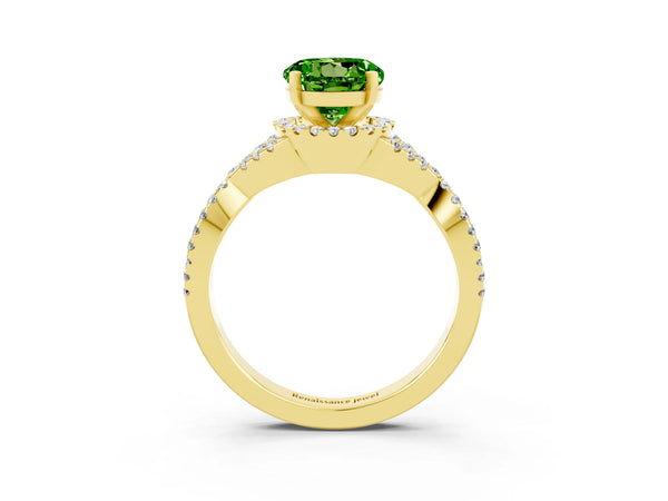 Yellow gold Round Cut Peridot  Halo Twist Band Solitaire Prong Setting Ring