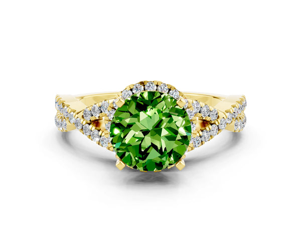 Yellow gold Round Cut Peridot  Halo Twist Band Solitaire Prong Setting Ring