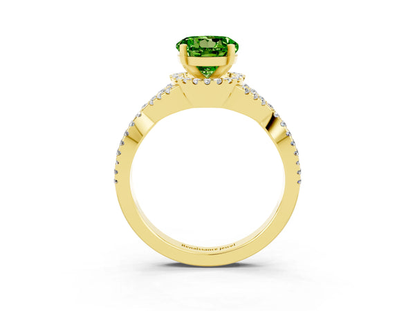 Yellow gold Round Cut Peridot  Halo Twist Band Solitaire Prong Setting Ring